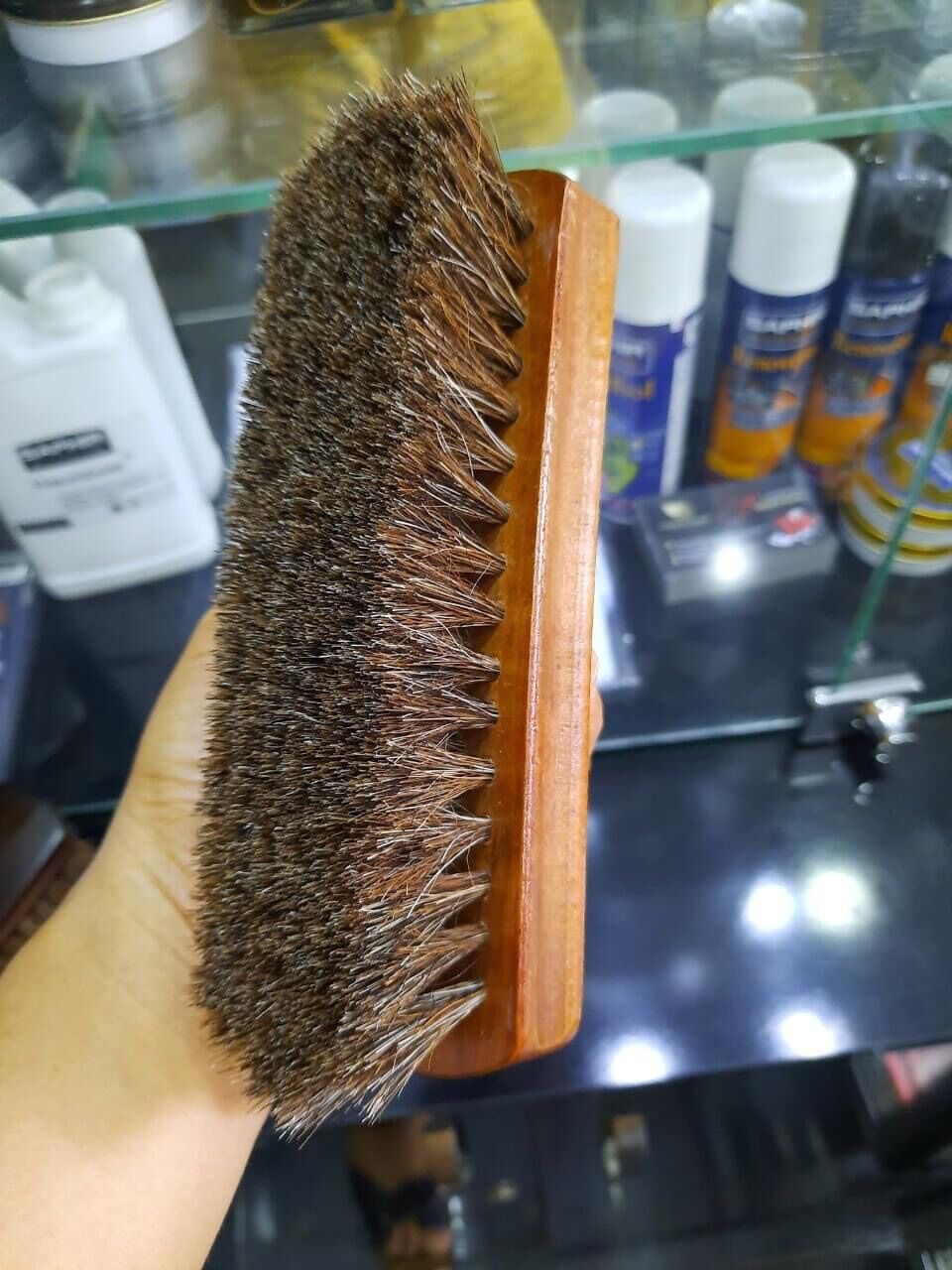Bàn chải lông ngựa cán gỗ sồi , bàn chải đánh bóng đồ da