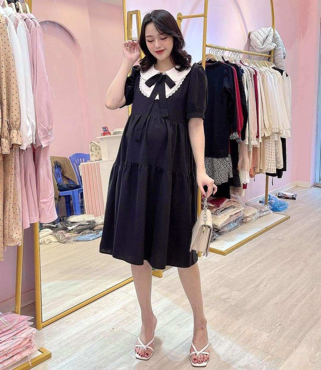 Váy bầu bigsize dáng công sở phối nơ cổ cực xinh