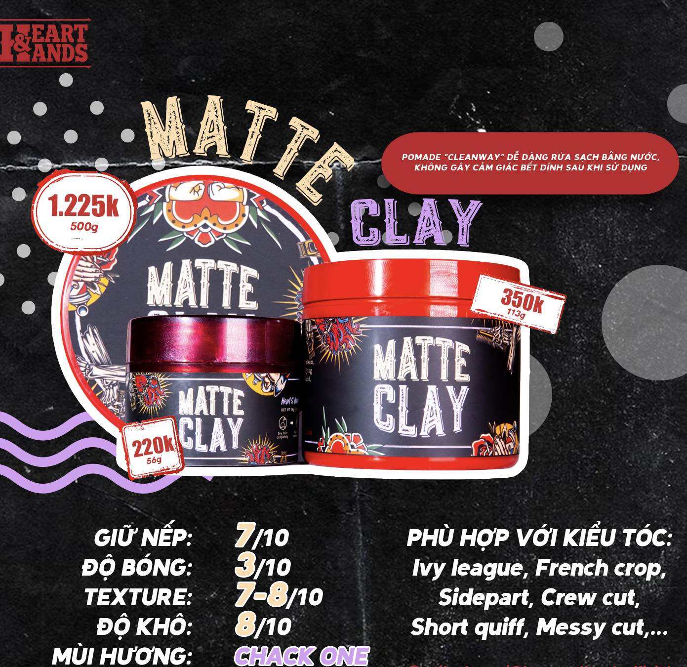 Sáp Vuốt Tóc Nam Heart & Hands - Matte Clay - Độ Giữ Nếp 7/10, Độ Bóng Mờ 3/10, Khả Năng Tạo Kiểu Linh Hoạt - Mùi Nước Hoa Thơm Dịu - Dưỡng Tóc