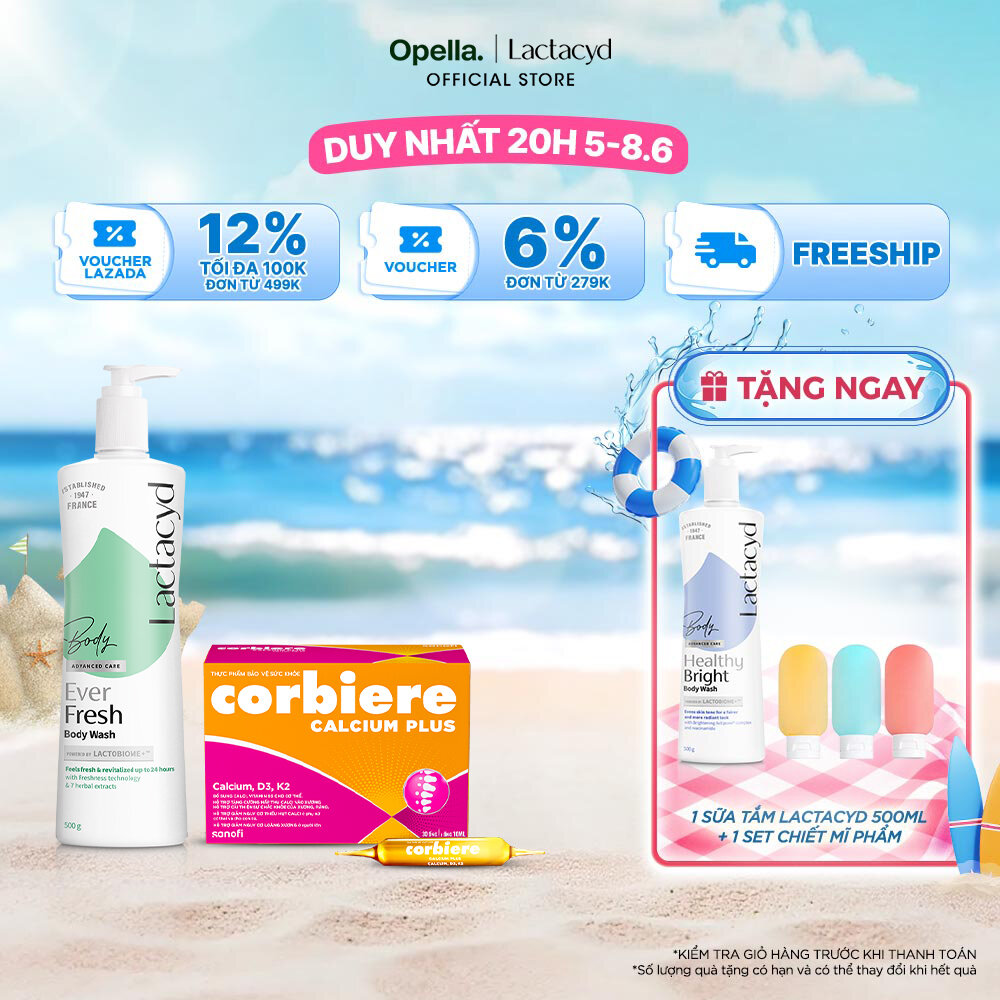 Bộ 1 Sữa tắm Lactacyd Ever Fresh mang lại làn da thơm mát và tràn đầy sức sống đến 24 giờ + 1 Thực phẩm bảo vệ sức khỏe Corbiere Calcium Plus Mới - Canxi hữu cơ + D3 + K2