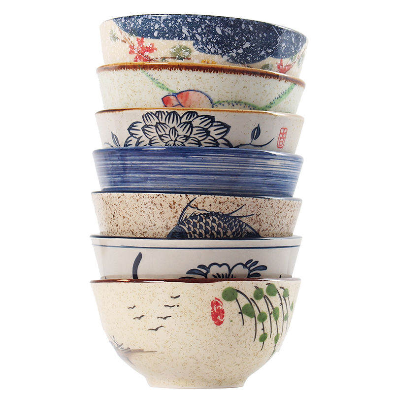 Bộ 6 Chiếc, Bát Gốm Sứ Kiểu Nhật, Bát Ăn Cơm Gia Dụng, Bát Canh Nhỏ Men Hoa Tuyết Vẽ Tay, Bát Ăn Cơm, Bộ Đồ Ăn Sáng Tạo