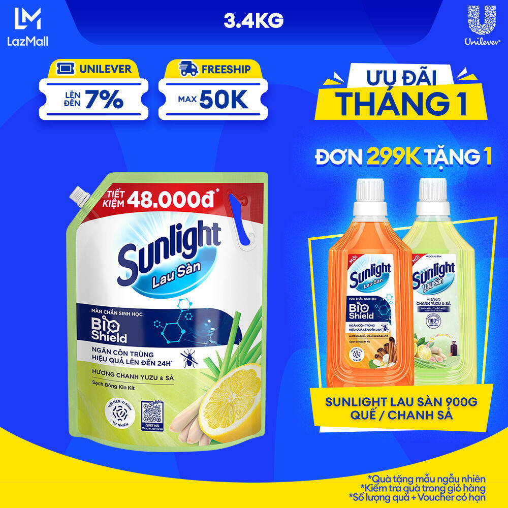 Nước lau sàn Sunlight BIOSHIELD Chanh Yuzu & Sả Túi 3.4kg Công nghệ BIOSHIELD Ngăn côn trùng