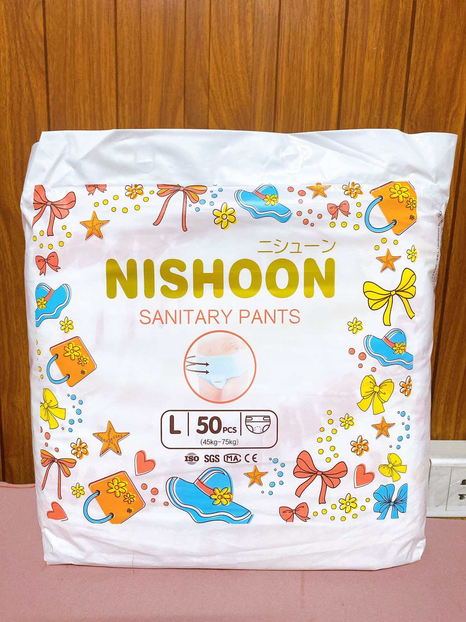 Túi 50 miếng Băng vệ sinh dạng quần Nishoon (có che tên sản phẩm) size từ 35-75kg cho phụ nữ, bé gái dậy thì tới kì kinh nguyệt