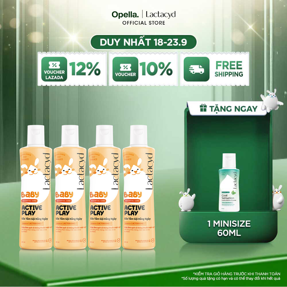 Bộ 4 Sữa Tắm Gội Hằng Ngày Cho Bé Lactacyd Baby Active Play, Giúp Đề Kháng Da Và Bảo Vệ Bé Khỏi Vi Khuẩn 250ml