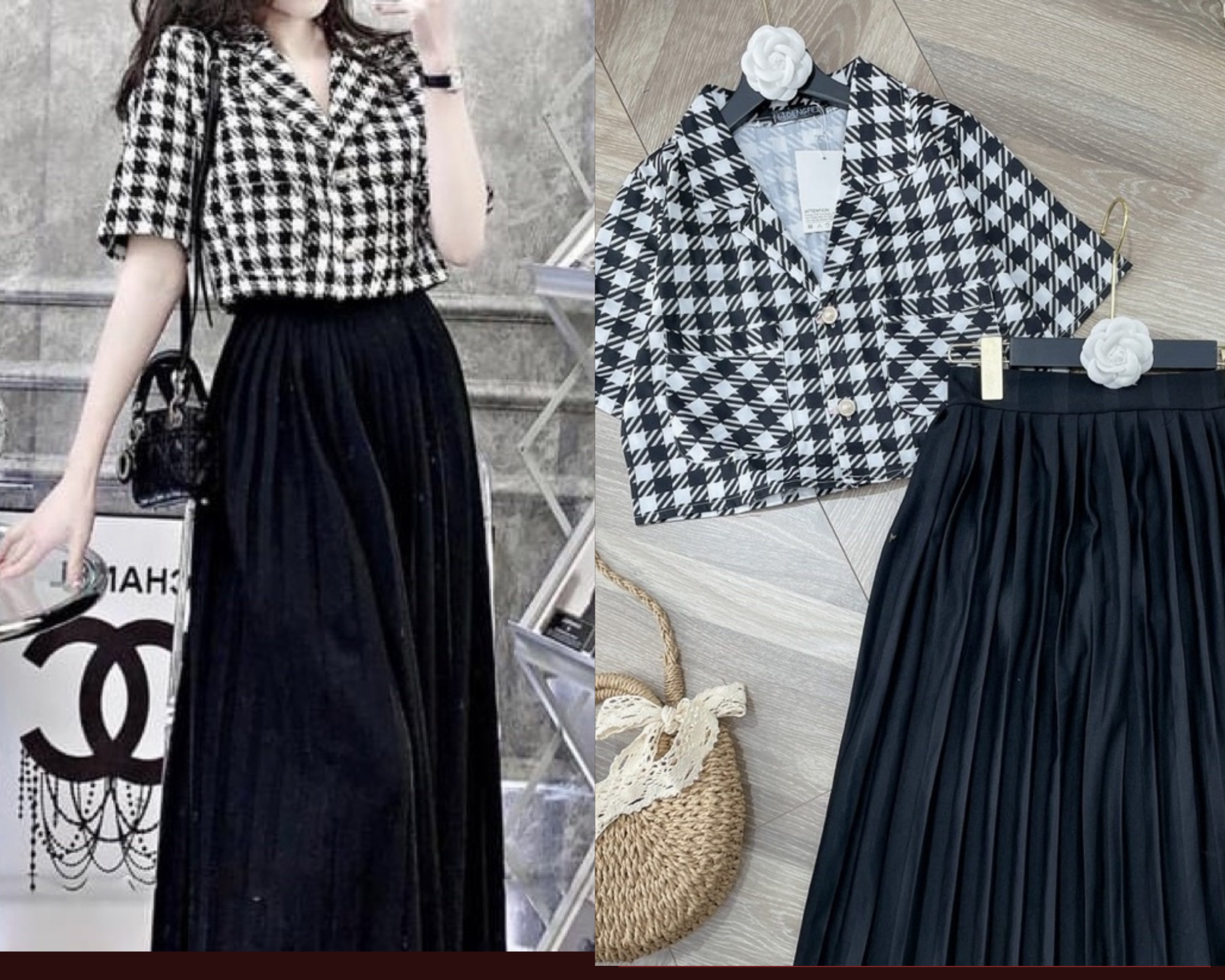 Sét áo vest crotop kẻ caro mix chân váy xếp li dài
