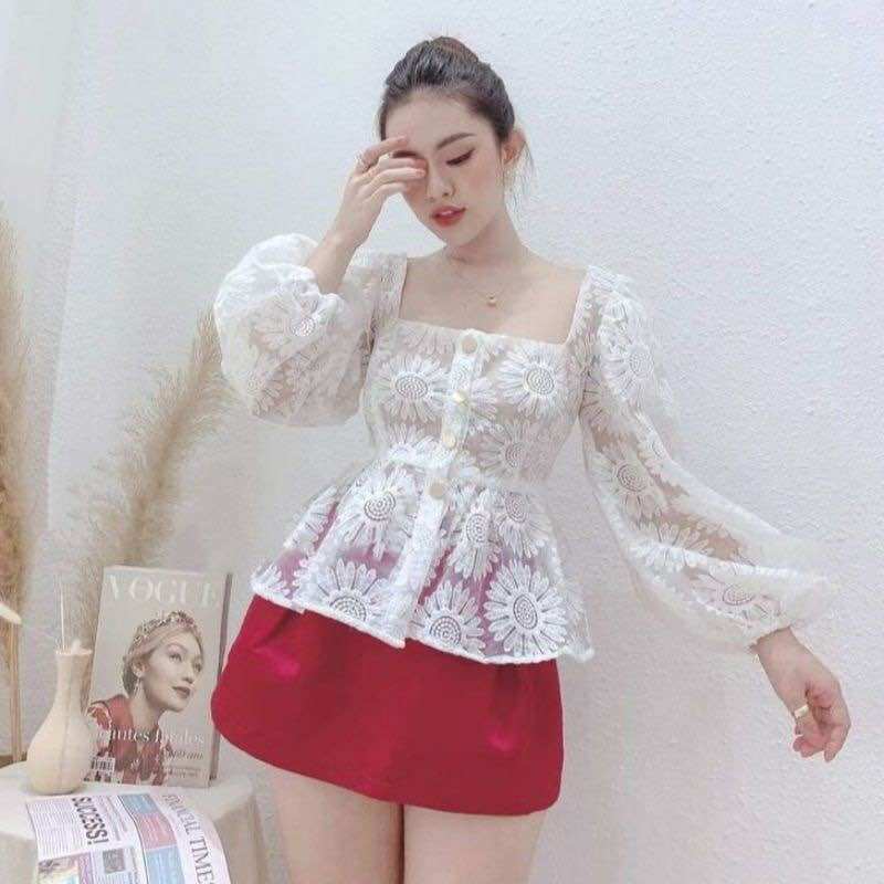 Áo cổ vuông tay bồng ren hoa nhiều màu sắc