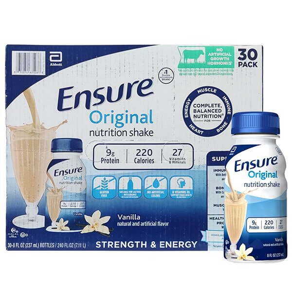 Sữa nước hương vani Ensure Original Nutritional Shake Vanilla của Abbott Mỹ mỗi chai 237ml thùng 16 chai, 24 chai và 30ml chai