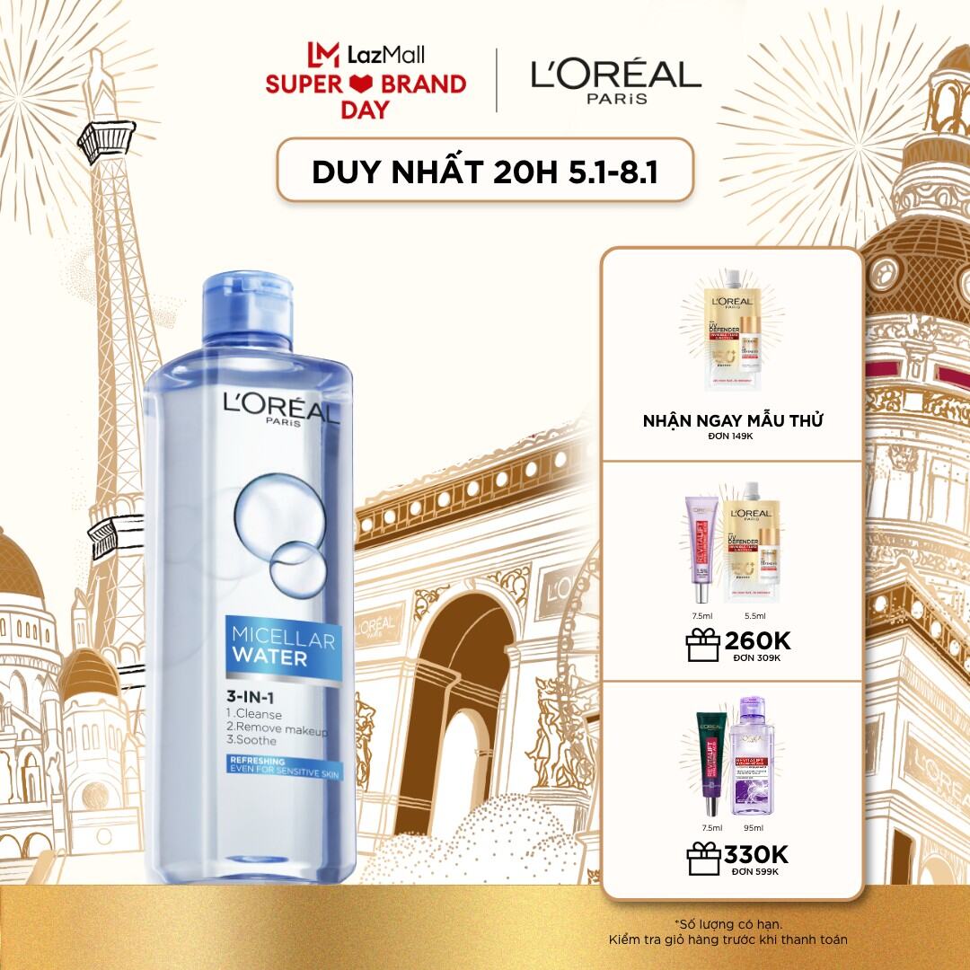 Nước tẩy trang tươi mát LOreal Paris Micellar Water 400ml (xanh dương nhạt)