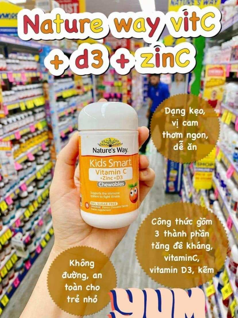 Viên Nhai Nature’s Way Kids Smart Vitamin C+ZinC+D3 Chewable Tablets Bổ Sung Vitamin Cho Bé Phát Triển Toàn Diện