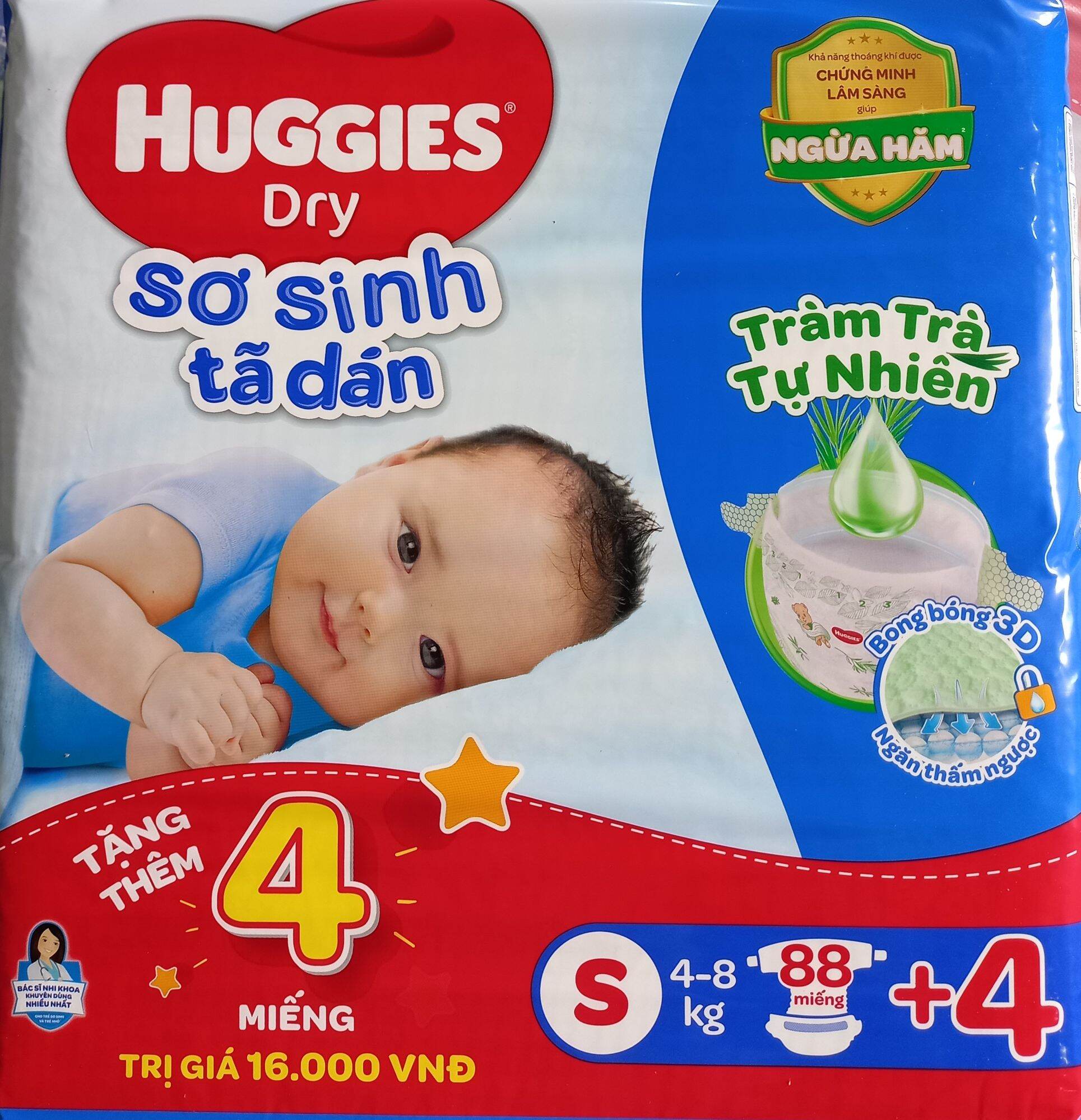 Tã dán huggies tràm trà tự nhiên dry s88+4 miếng - cho bé từ 4 - 8kg