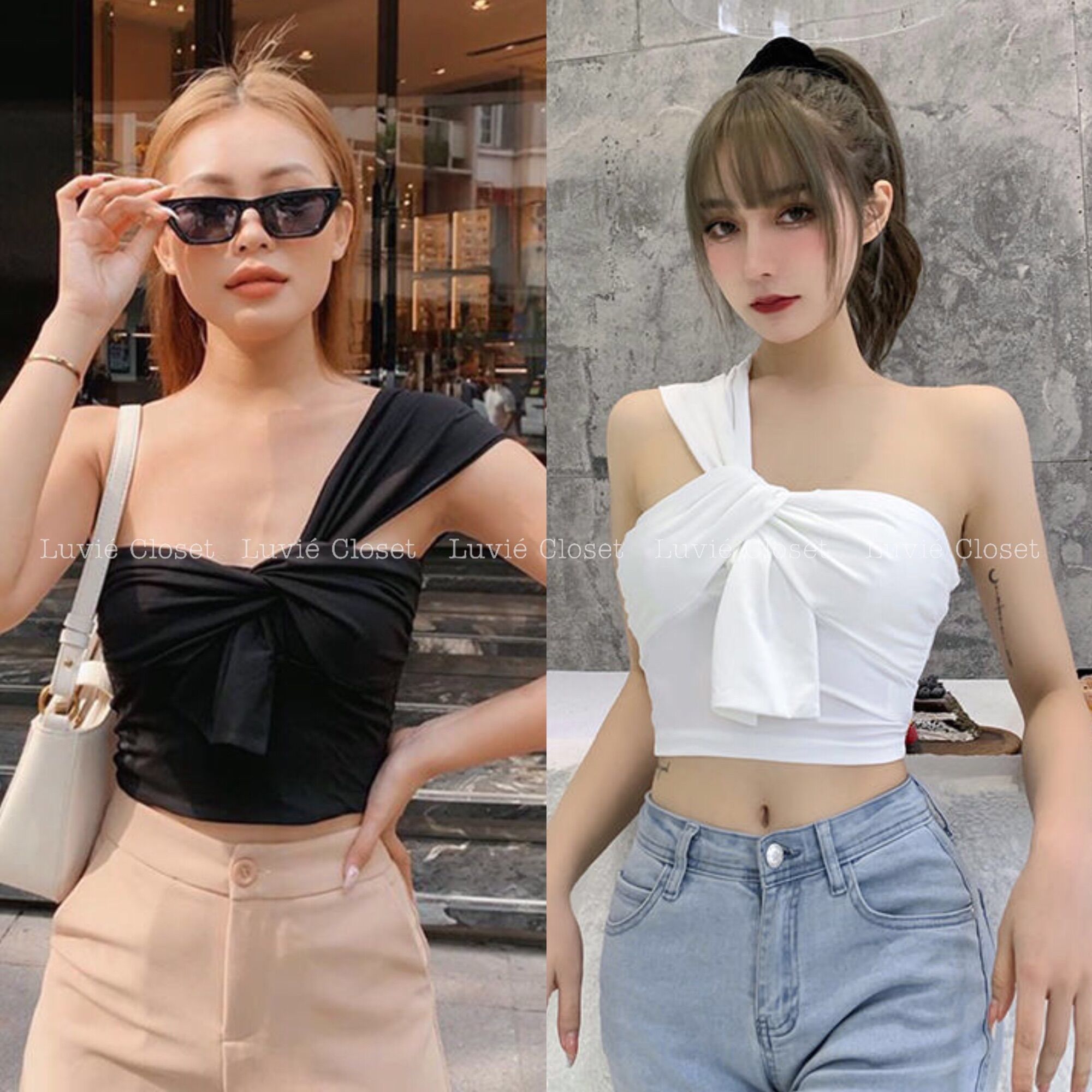 Áo croptop - áo croptop lệch vai chéo nơ cực sang, trẻ trung