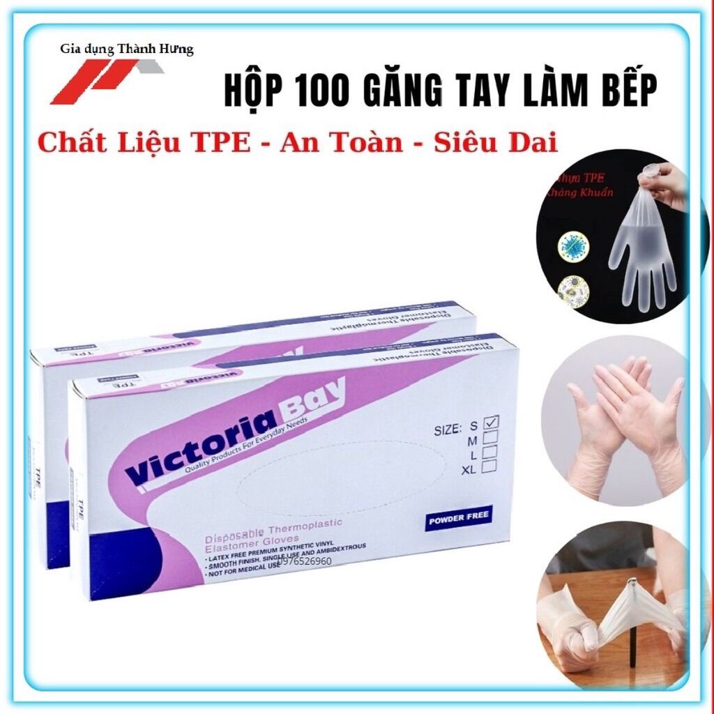 Hộp 100 găng tay cao su siêu dai tpe victorya bay, bao tay siêu dai dùng 1 lần không mùi chống nhăn