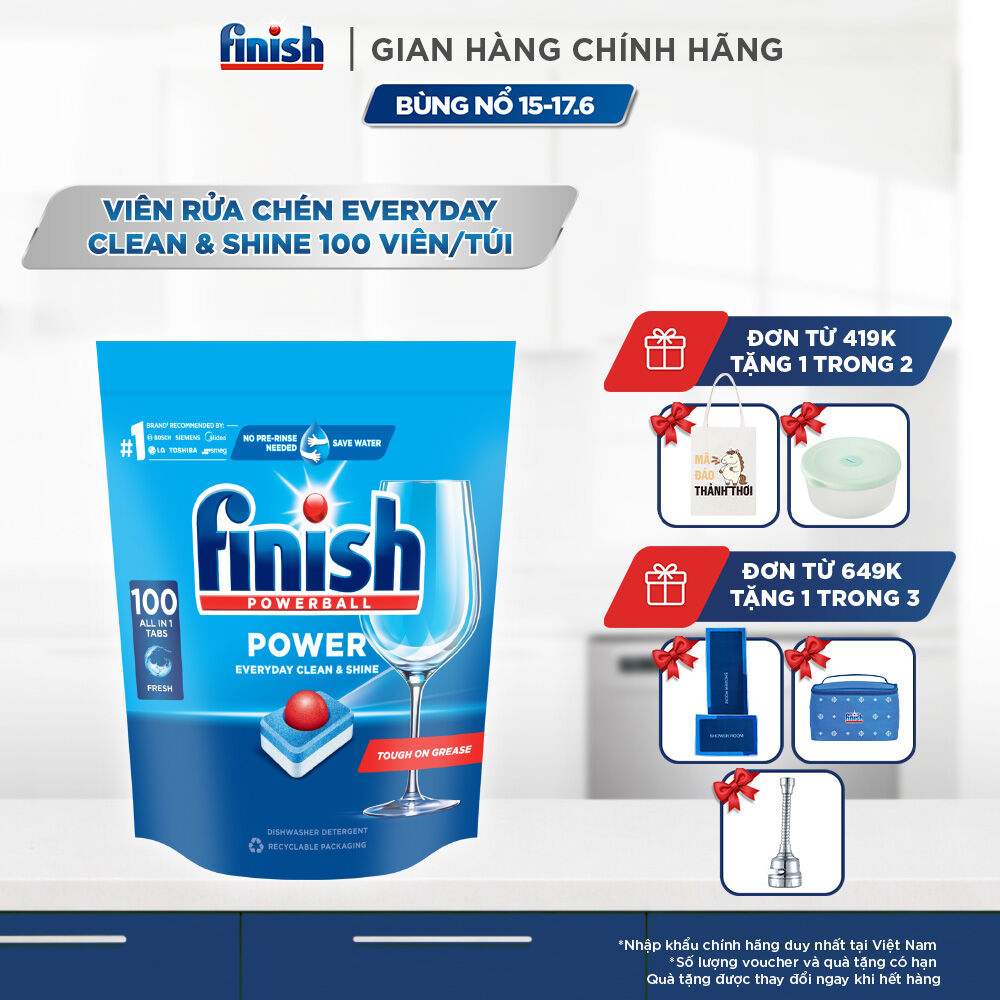 Viên Rửa Chén Bát Hương Chanh Finish Powerball Power Everyday Clean  Shine - Túi 100 viên siêu tiết kiệm
