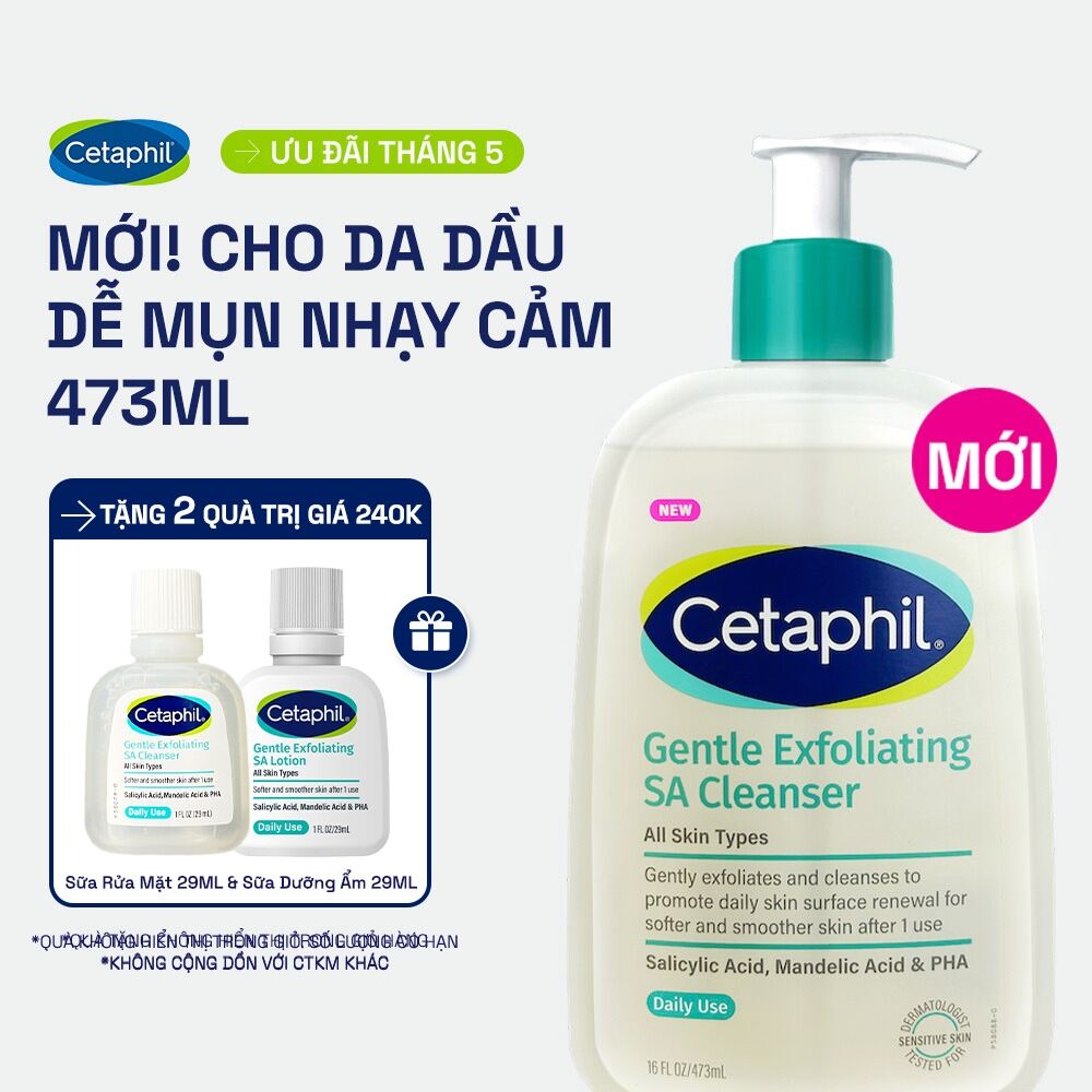 Gel rửa mặt làm sạch dầu nhờn, ngăn mụn cho da dầu nhạy cảm CETAPHIL GENTLE EXFOLIATING SA CLEANSER 473ml