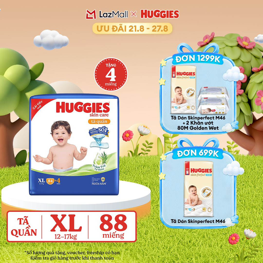 [17-24.08 GIẢM THÊM 90K]  Thùng tã/bỉm quần HUGGIES SKINCARE MEGA JUMBO size XL84+4 miếng