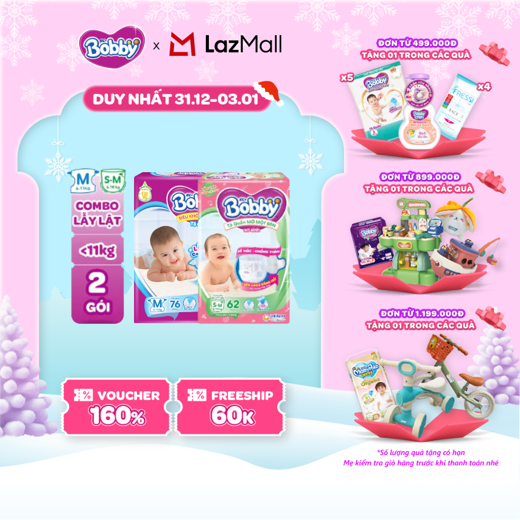 CHỈ 20h 31.12-03.01 QT Đơn 899K 1199K TẶNG MIẾNG NGẪU NHIÊN Combo lẫy lật gồm 01 gói Tã dán Bobby M76 miếng và 01 gói Tã quần mở một bên S-M 62 miếng