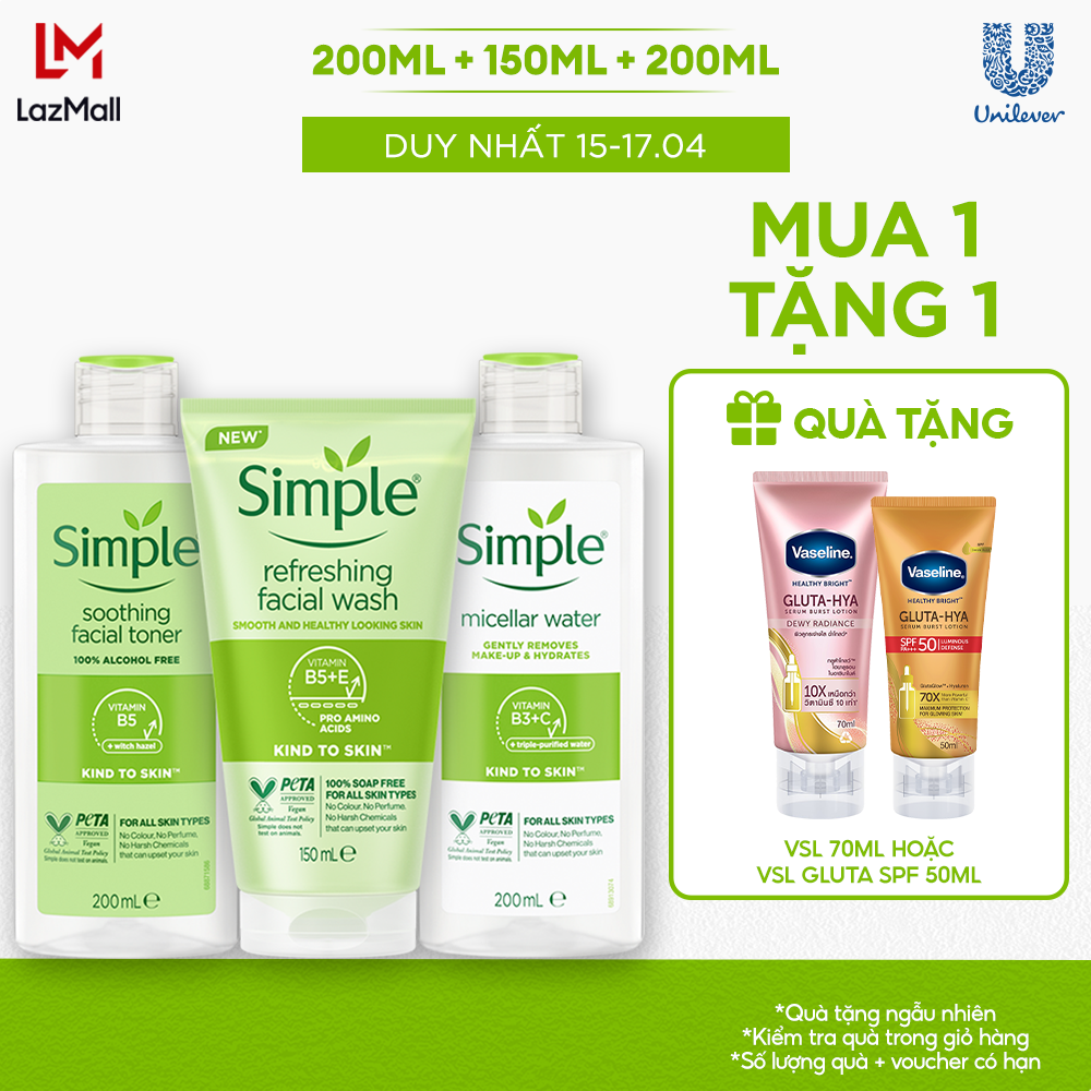 Combo Simple Tẩy trang Micellar 400ml hoặc 200ml/Sữa dưỡng ẩm 125ml + Sữa rửa mặt 150ml + Nước hoa hồng Toner 200ml cho da sạch khỏe đàn hồi [CHÍNH HÃNG ĐỘC QUYỀN]
