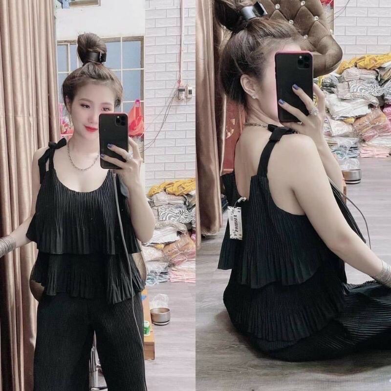 Set dập ly cột vai màu trơn  vải lụa - S005