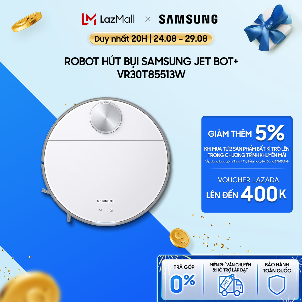 Robot hút bụi samsung jet bot+ 60w với trạm làm sạch tự động, màu trắng vr30t85513w/sv