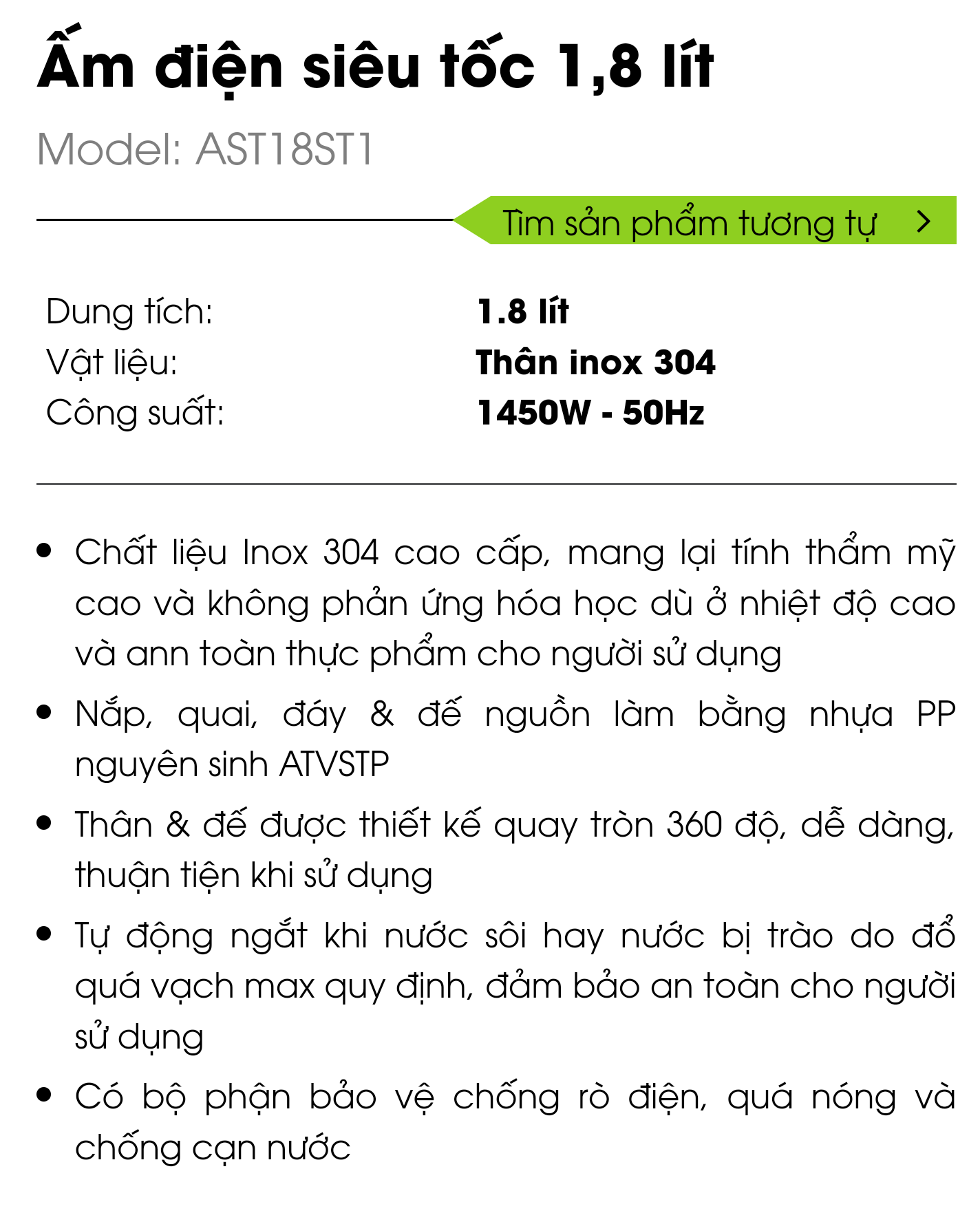 [ chính hãng ] ấm điện siêu tốc rạng đông 1,8 lít Ast18st1