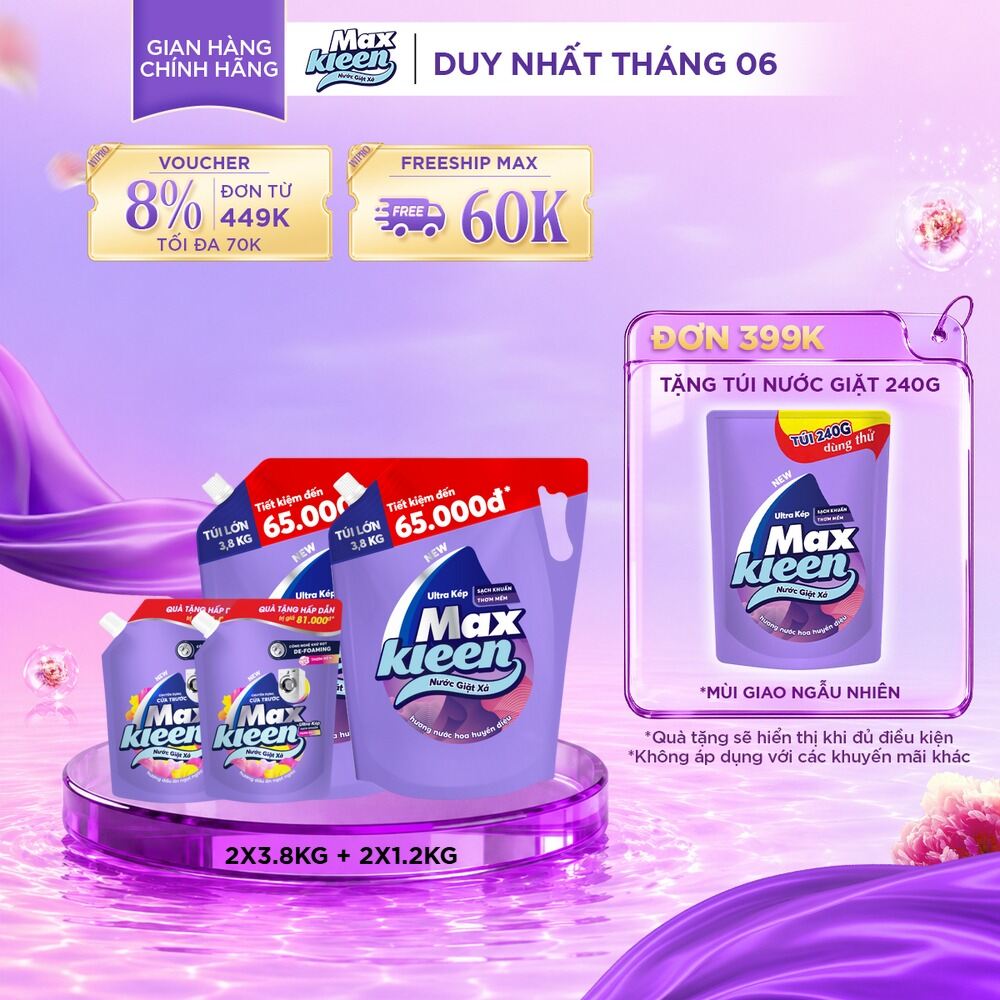 [Tặng túi 1kg2] Combo 2 Túi Nước Giặt Xả MaxKleen Hương Huyền Diệu 3.8kg