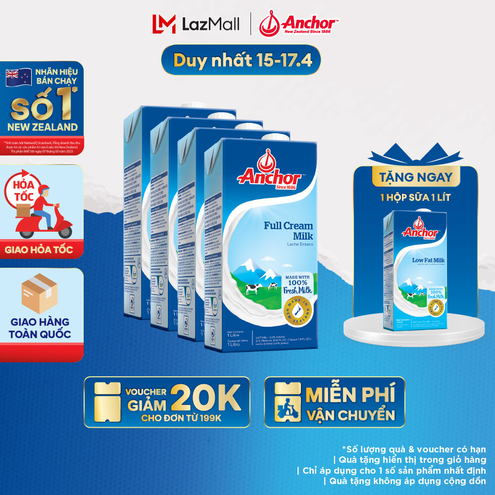 [GIAO HÀNG HỎA TỐC - HCM] Combo 4 Sữa Tươi Tiệt Trùng Anchor Nguyên Kem Hộp 1 Lít