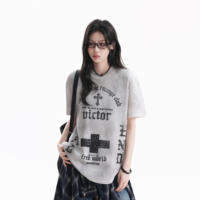 zuocisankon | Áo Thun Tay Ngắn Gothic Phong Cách Mỹ In Hình Chữ thập Đã Phai Màu
