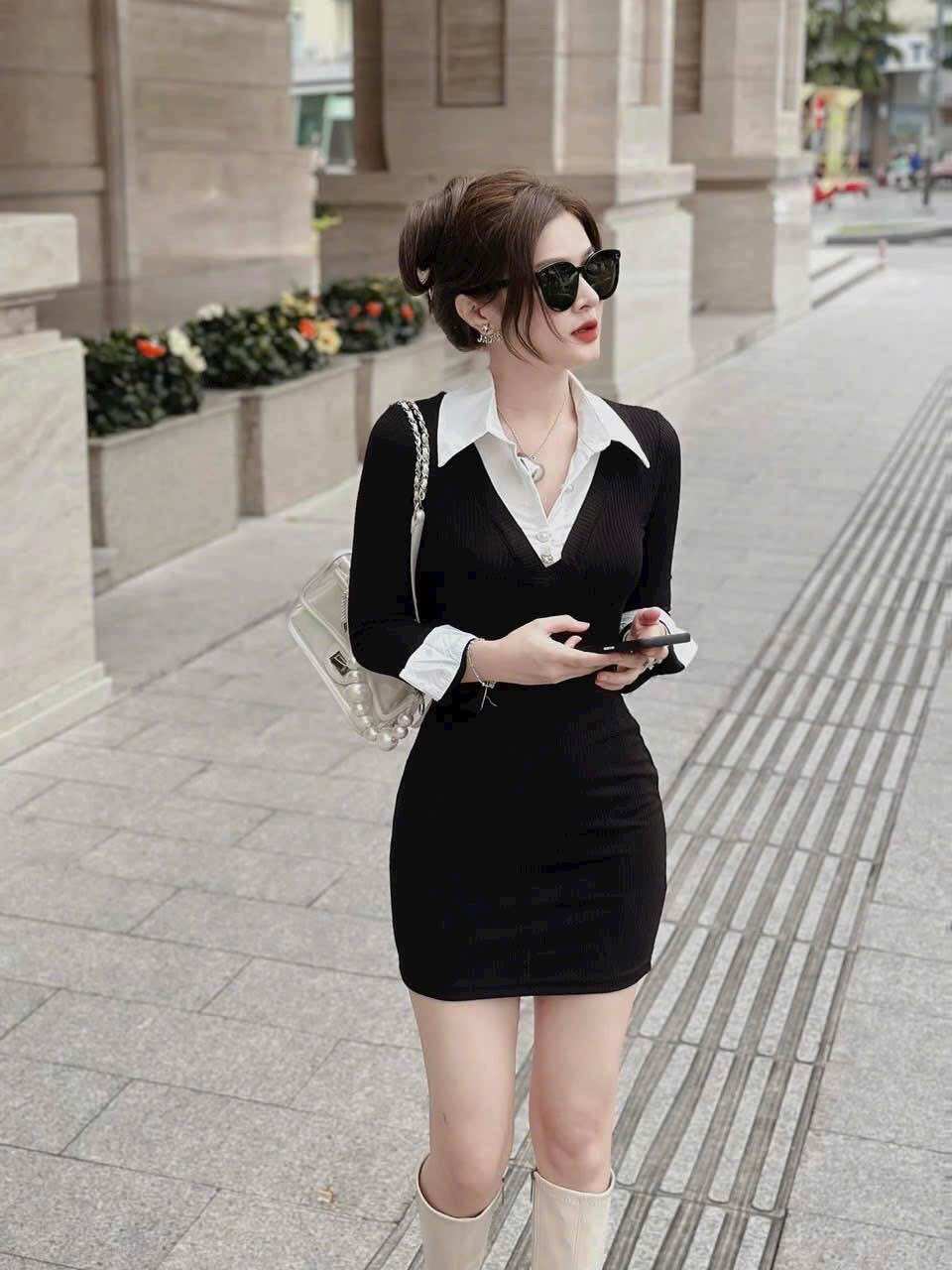 Đầm body đen phối cổ sơ mi DPSM9