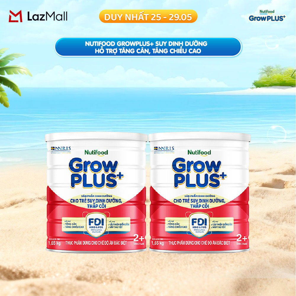 Combo 2 Sữa bột Nutifood GrowPLUS+ Suy Dinh Dưỡng (Đỏ) 2+ - Hỗ Trợ Tăng Cân, Tăng Chiều Cao (2 Lon 1,65 Kg)