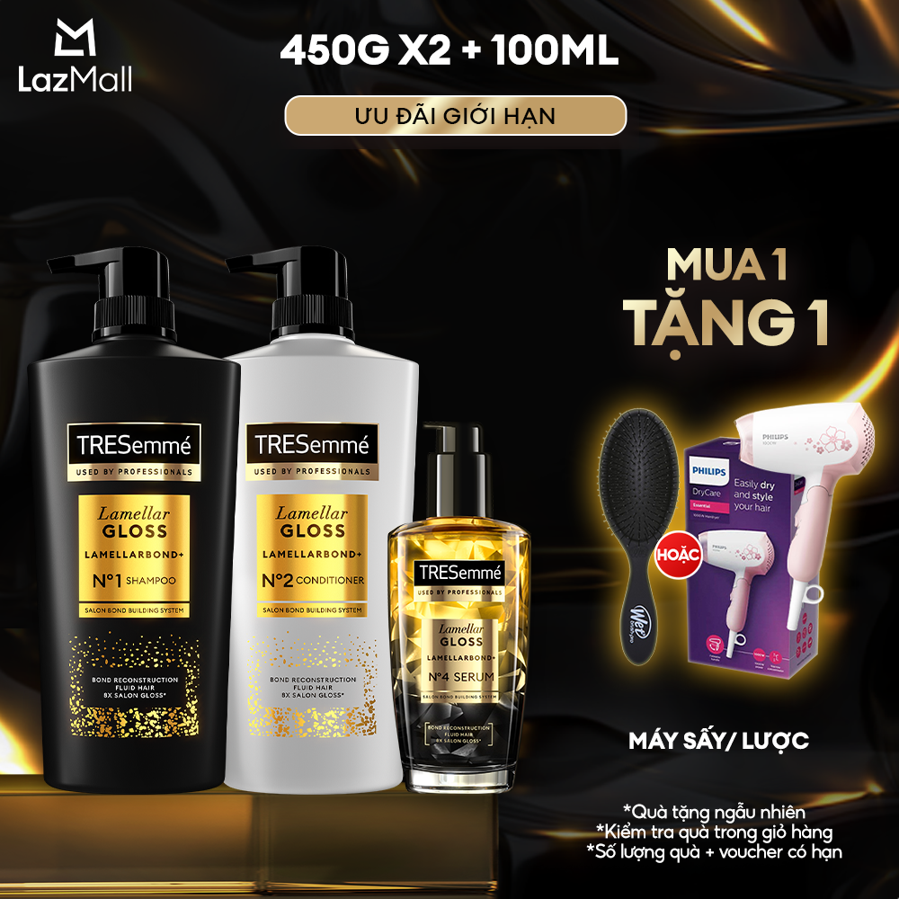 Combo Dầu Gội, Dầu Xả, Serum TRESemmé Lamellar Gloss LamellarBond+ Phủ Bóng 8X Chuẩn Salon 450g, 450g,100ml