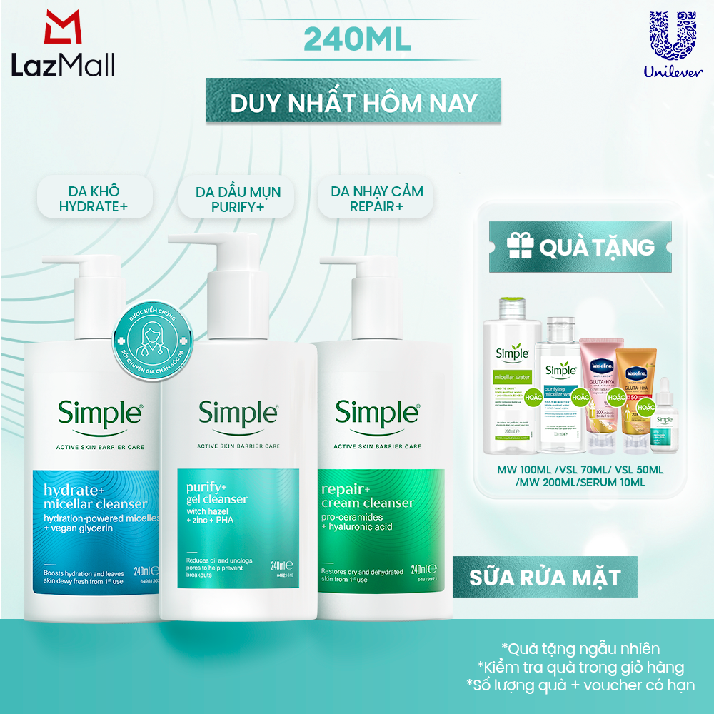 [MỚI] Sữa Rửa Mặt Simple Purify+ 240ml Giảm Mụn Sau 7 Ngày, Repair+240ml phục hồi làn da. Hydrate+ 240ml Giúp Da Trông Căng Mướt Sau Lần Đầu Sử Dụng - cấp ẩm