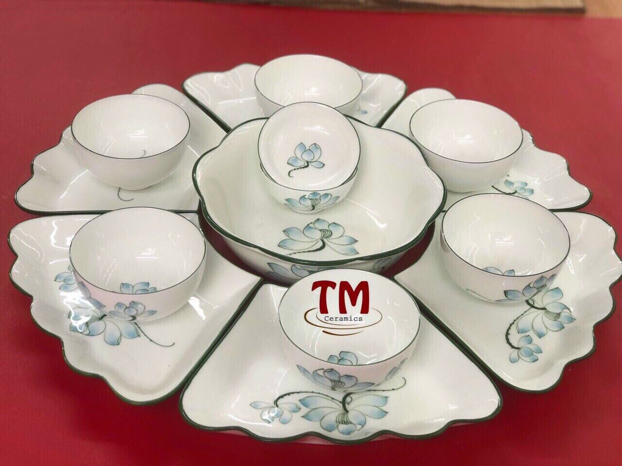 BỘ ĐỒ ĂN, BÁT ĐĨA GỐM SỨ BÁT TRÀNG CAO CẤP 15 MÓN Sen xanh ngọc đk 55cm