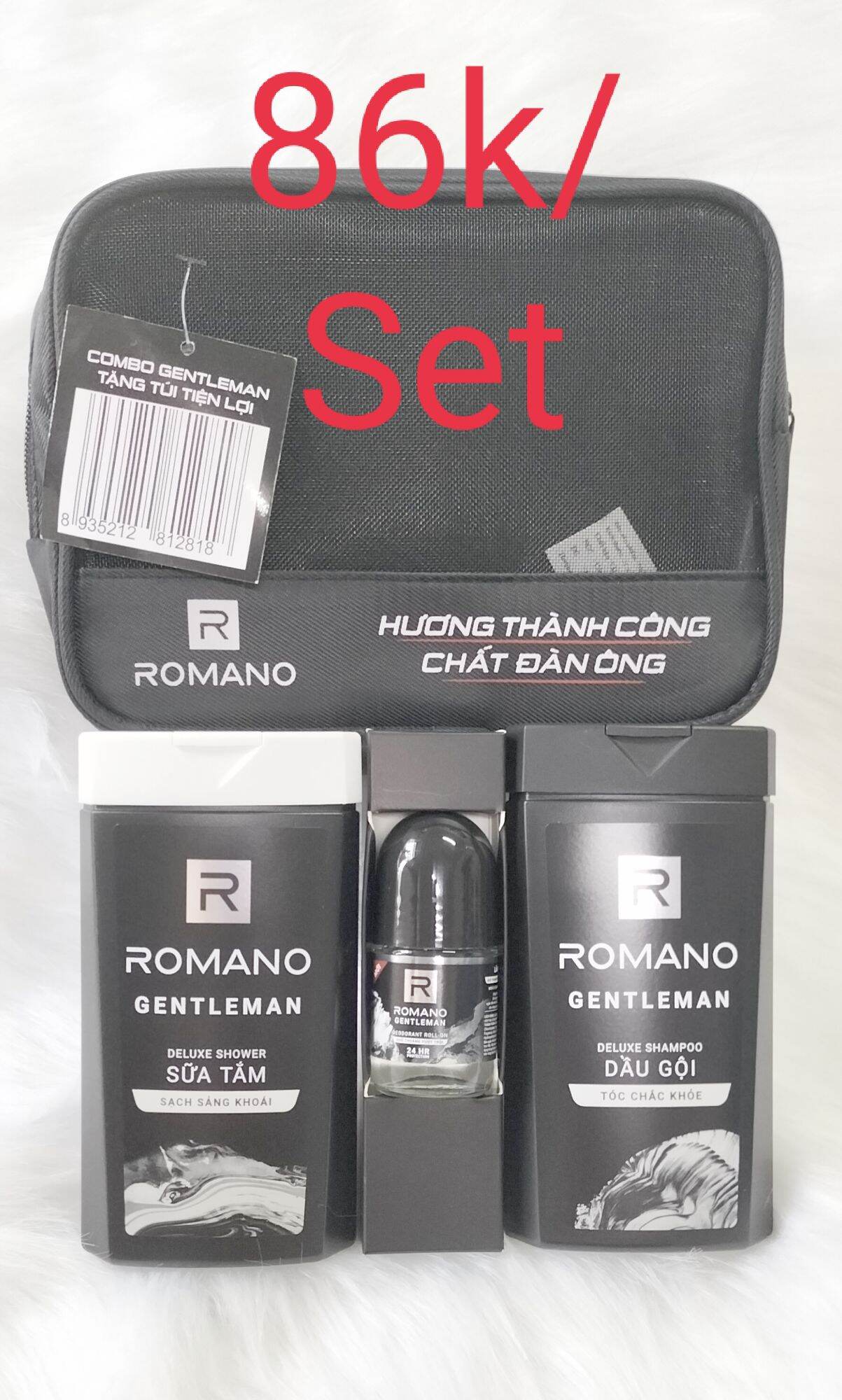 Set 4 món gồm 1 Chai Sữa Tắm Romano 150g+ 1 chai dầu gội Romano 150g+ 1 chai lăn khử mùi Romano 25ml+ Tặng kèm túi lưới nhập khẩu