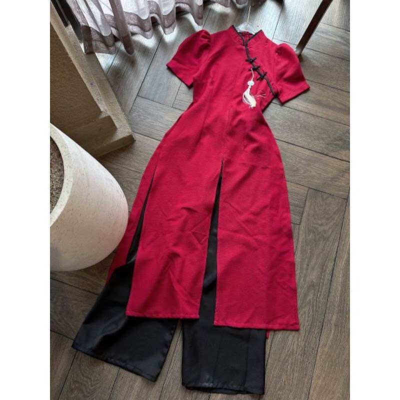 (SHOP BIGSIZE NỮ 50KG ĐẾN 90KG) set áo dài cách tân xẻ tà tứ thân nút bọc