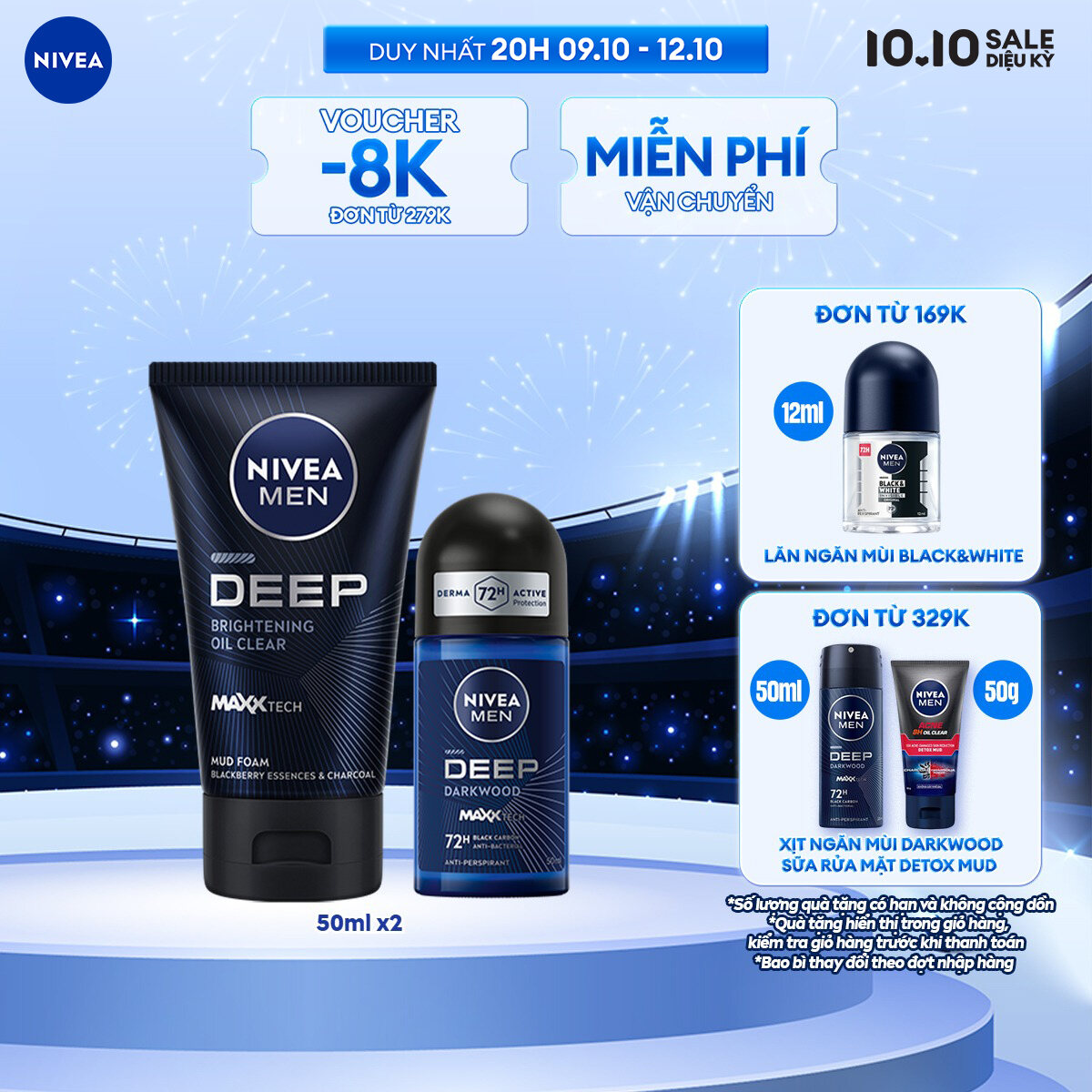 Bộ Đôi Sữa Rửa Mặt và Lăn Ngăn Mùi NIVEA MEN Deep Than Hoạt Tính 50ml - 84415+80031