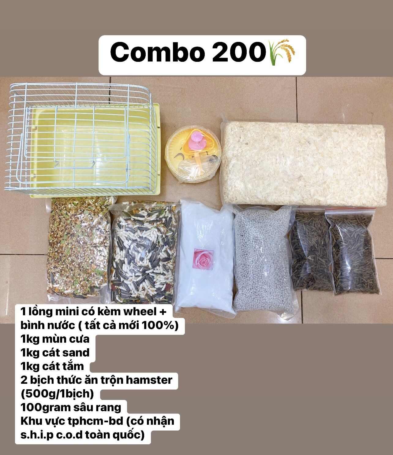 1 lồng mini đủ phụ kiện , 1kg mùn , 1kg thức ăn , 1kg cát tắm, 1kg cát sand, 100gram sâu rang