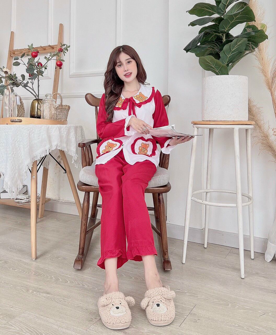 Đồ bộ pijama mẫu tiểu thư kate lụa mẫu trơn phối gấu túi xinh xắn phối bèo gấu đẹp mịn thoáng mát freesize dưới 58kg