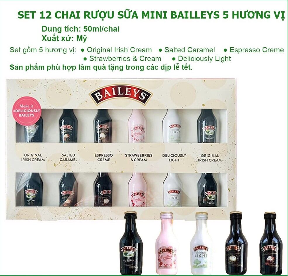 Hộp 12 chai r.ư.ợ.u Baileys Minisize bản giới hạn gồm 5 vị, mỗi chai 50ml