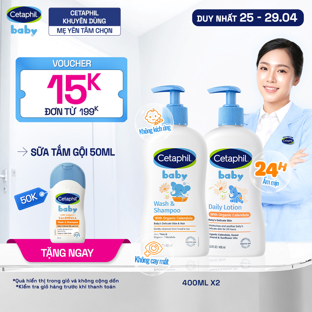 Combo Sữa tắm gội Cetaphil Baby WS with Organic Calendula 400ml + Sữa dưỡng thể Cetaphil Baby with Organic Calendula 400ml