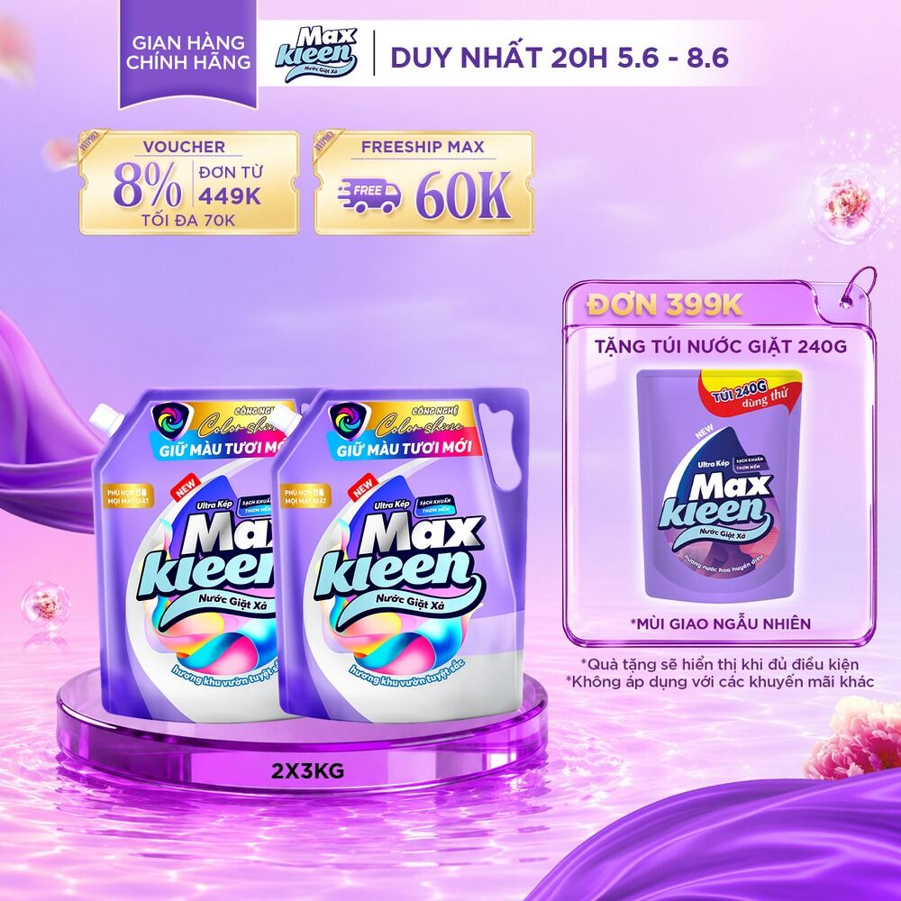 Combo 2 Túi Nước Giặt Xả MaxKleen Giữ Màu Tươi Mới Hương Khu Vườn Tuyệt Sắc 3kg/Túi