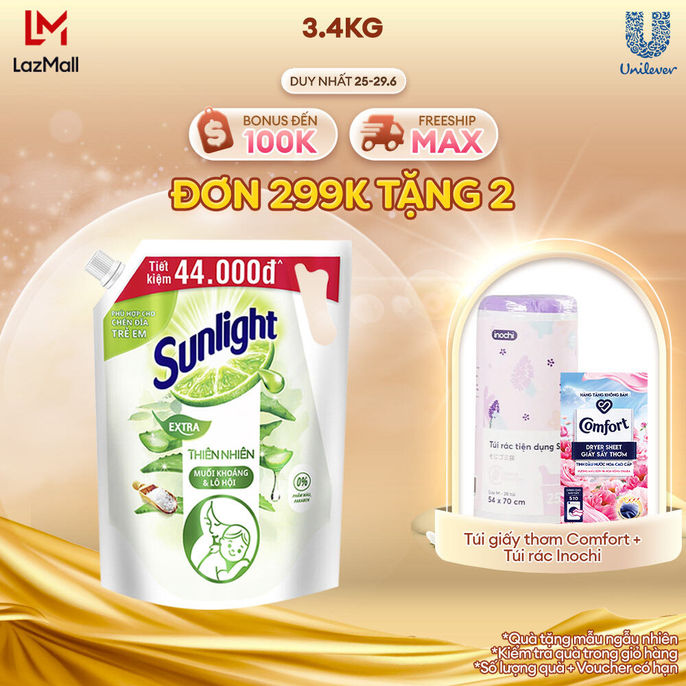 Nước rửa chén Sunlight Thiên nhiên Muối khoáng & Lô hội 100% Gốc thực vật Túi 3.4kg