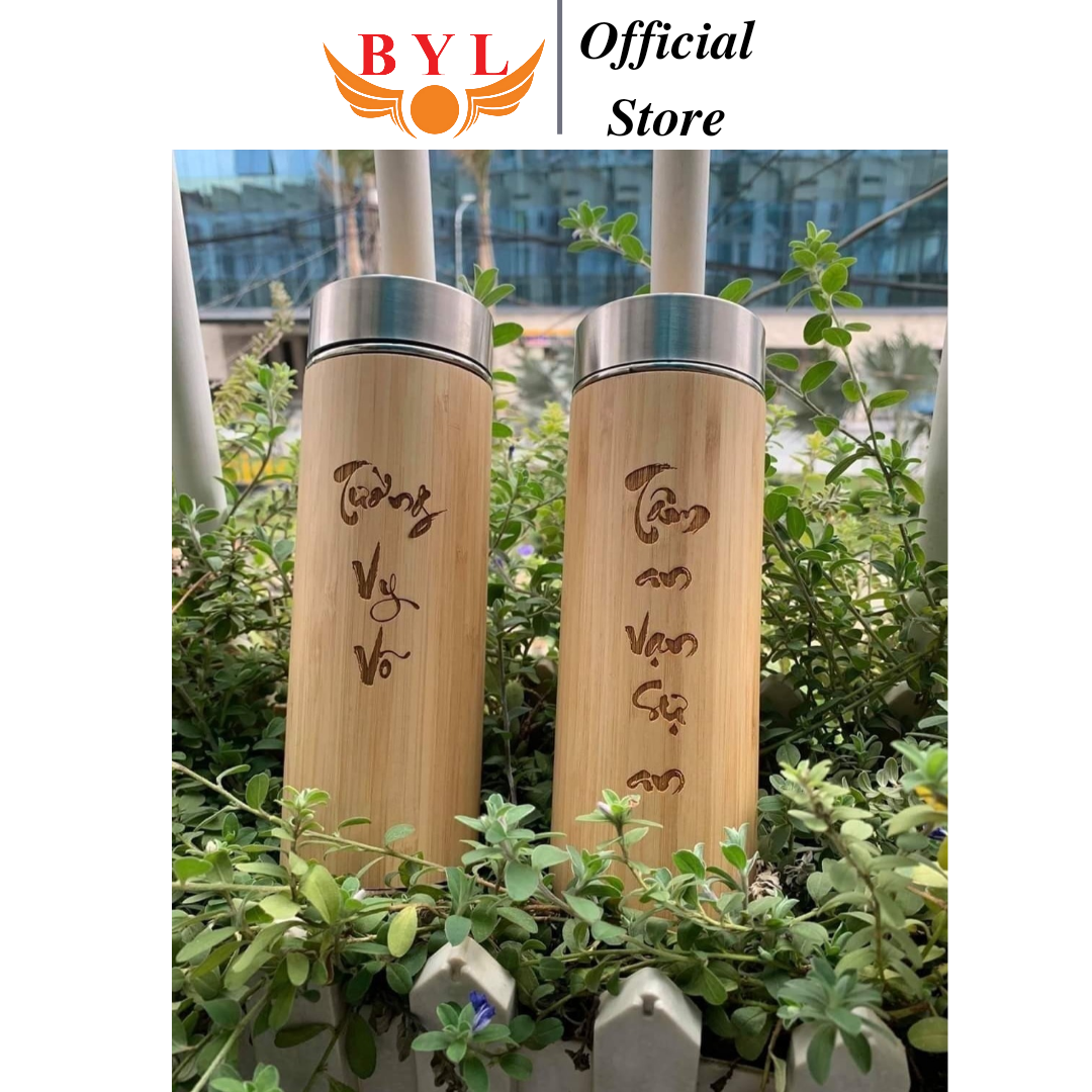 Quà Sinh Nhật BYL Bình giữ nhiệt vỏ tre BAMBOO khắc tên theo yêu cầu Quà