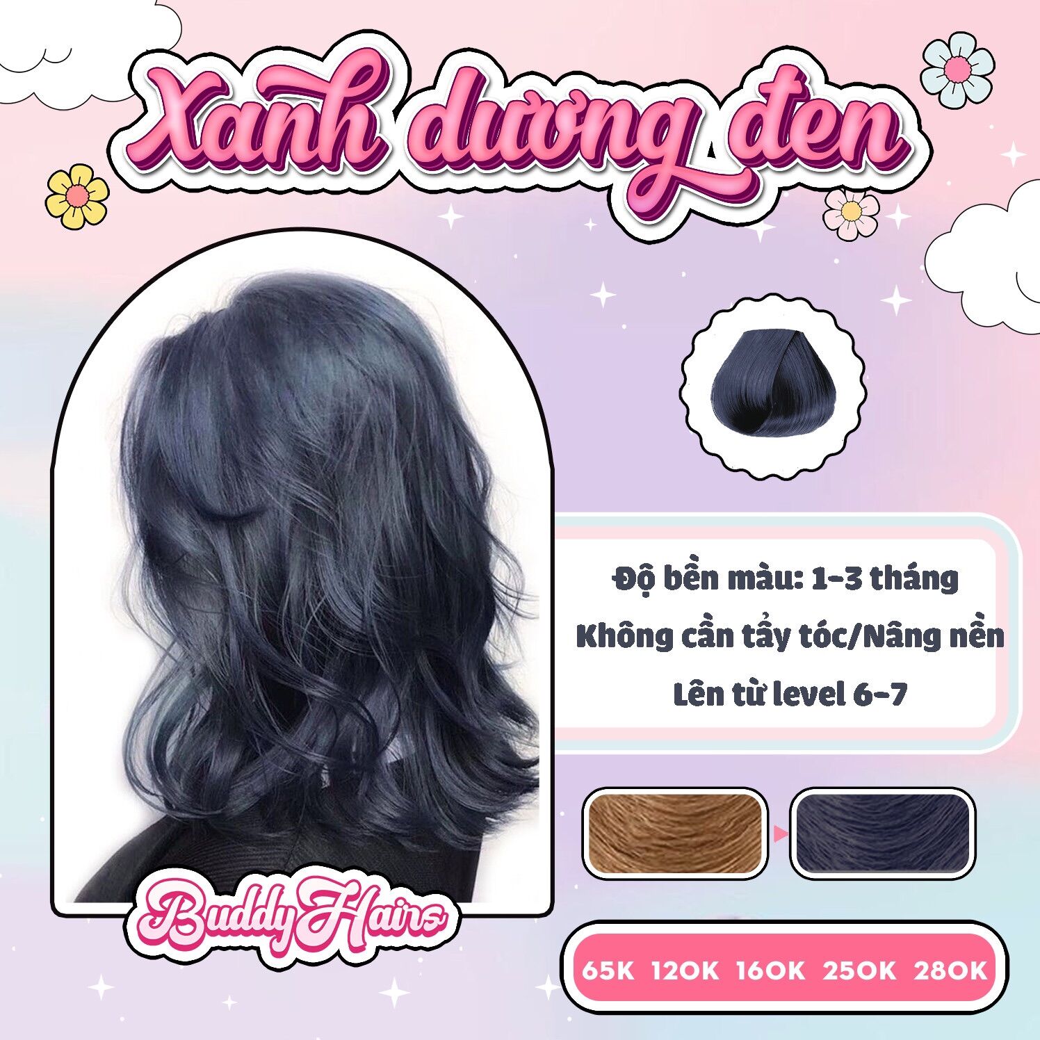 Thuốc nhuộm tóc Xanh dương đen / Xanh Đen không tẩy lên từ nền đen Buddyhairs TẶNG KÈM trợ nhuộm găng tay mũ trùm đầu