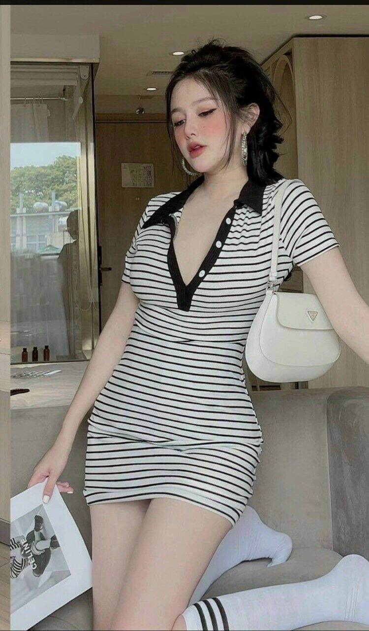 Đầm body kẻ ôm có cổ ảnh thật