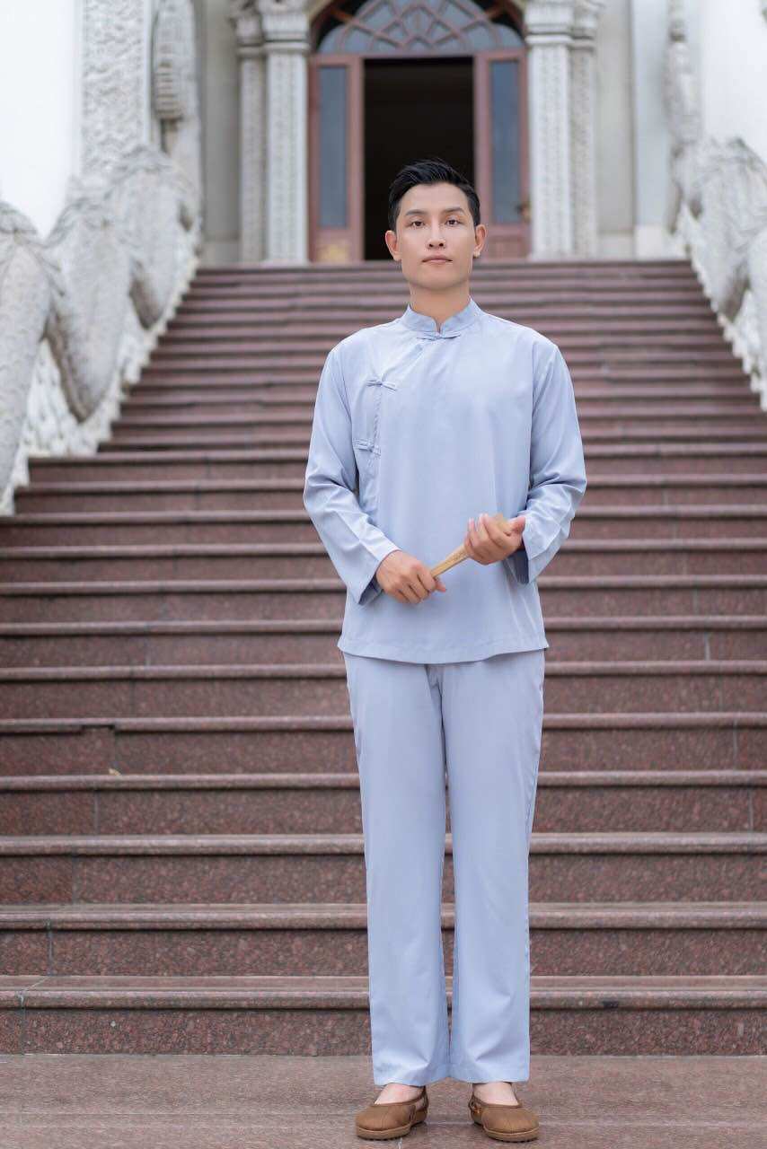 Đồ lam cho nam vải kate kiểu cổ tàu nút xéo màu lam