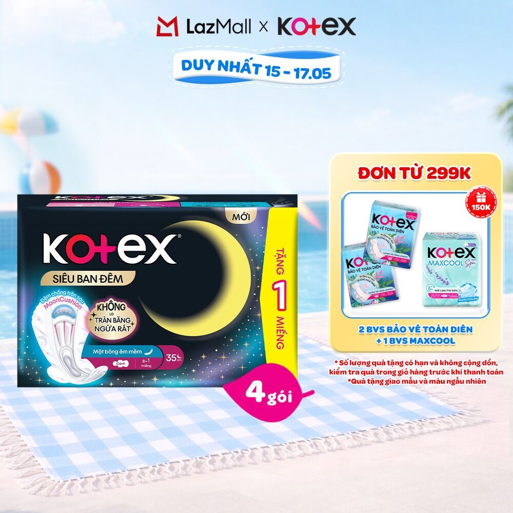 Lốc 8 gói BVS Kotex Siêu Ban Đêm 35cm Mặt bông Êm Mềm chống tràn sau 8+1 miếng