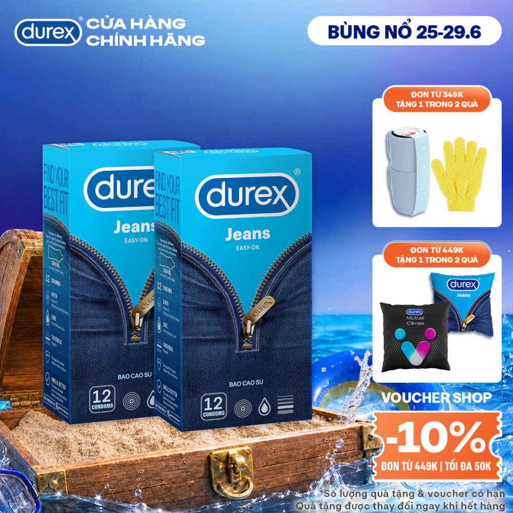 Combo 2 Bao cao su Durex Jeans cơ bản, bôi trơn, size 52.5mm, hộp 12 bao
