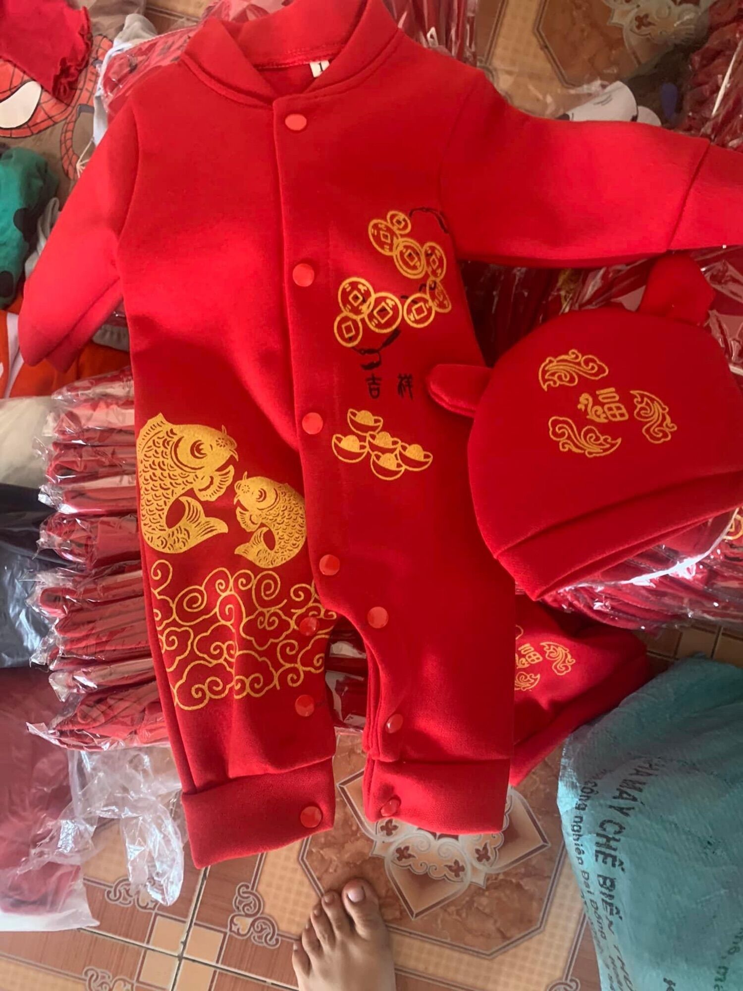 Bộ body dài tay Bodysuit liền thân chất nỉ dày dặn diện Tết cho bé trai, bé gái từ 4-14kg