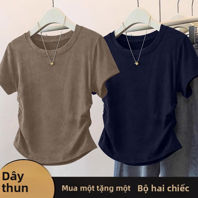 Slim Fit Short Sleeve T-Shirt Women's 2025 New Summer Fashionable Waist-Cinching Design Quality Body-Shaping Versatile Top