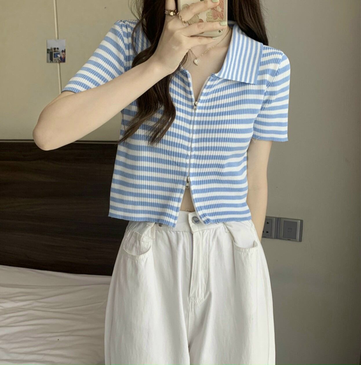 ÁO CROPTOP KIỂU CỔ DÂY KÉO TRƯỚC NGỰC FORM DƯỚI 45 KG(c)